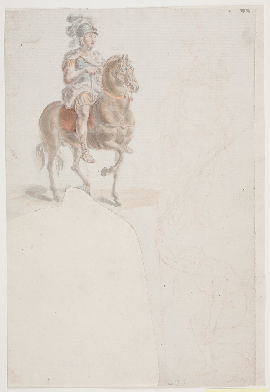 Rytter i romersk drakt med fjærkledd hjelm. Dessuten to svake rødkritt-tegninger av stående og halvt knelende menn. av Jacques Francois Joseph Saly