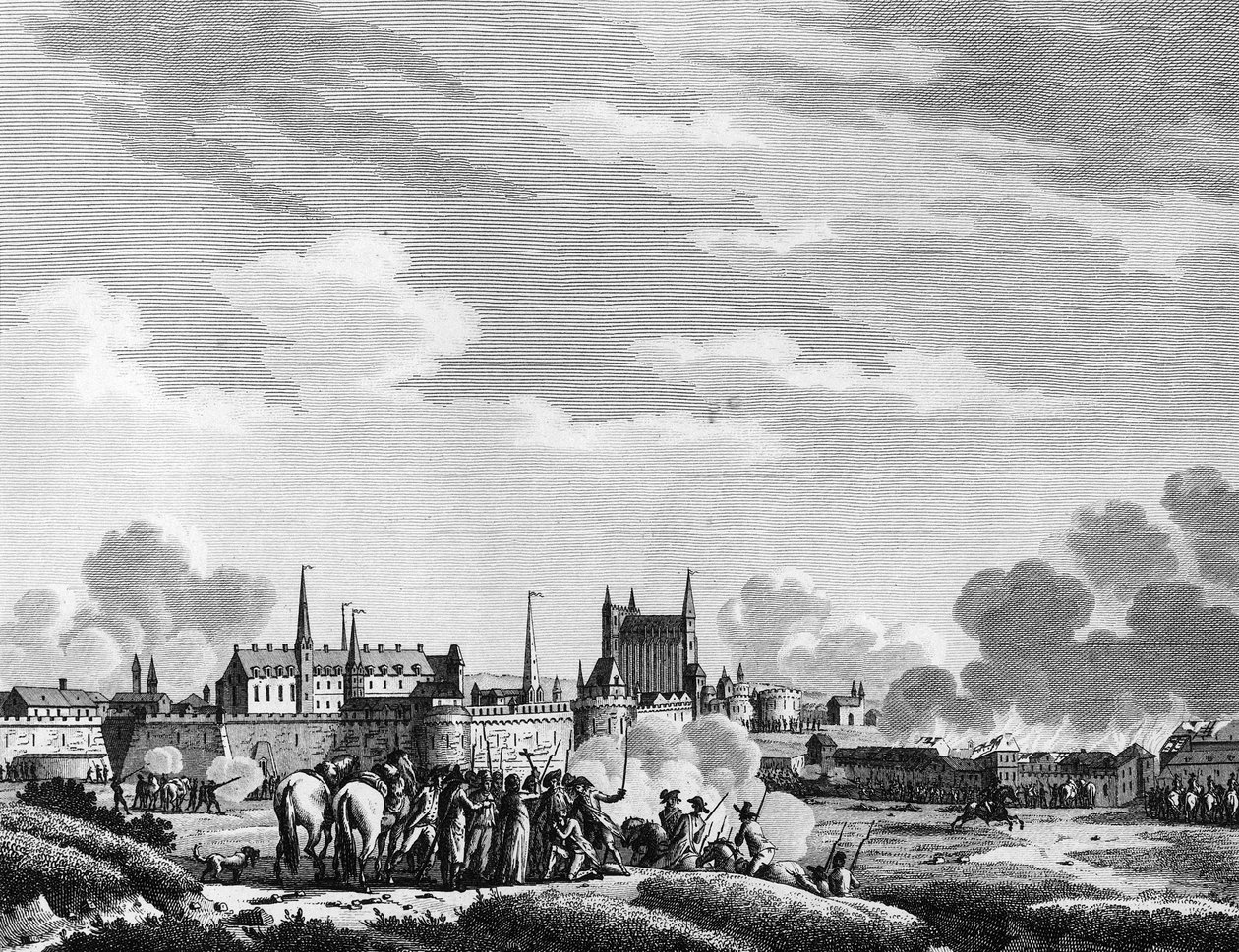 Fransk revolusjon: Angrep av Nantes av Vendeens 29. juni 1793. Gravering av Berthaut etter Swebach Paris, biblioteket ved Institutt for revolusjonshistorie av Jacques Francois Joseph Swebach