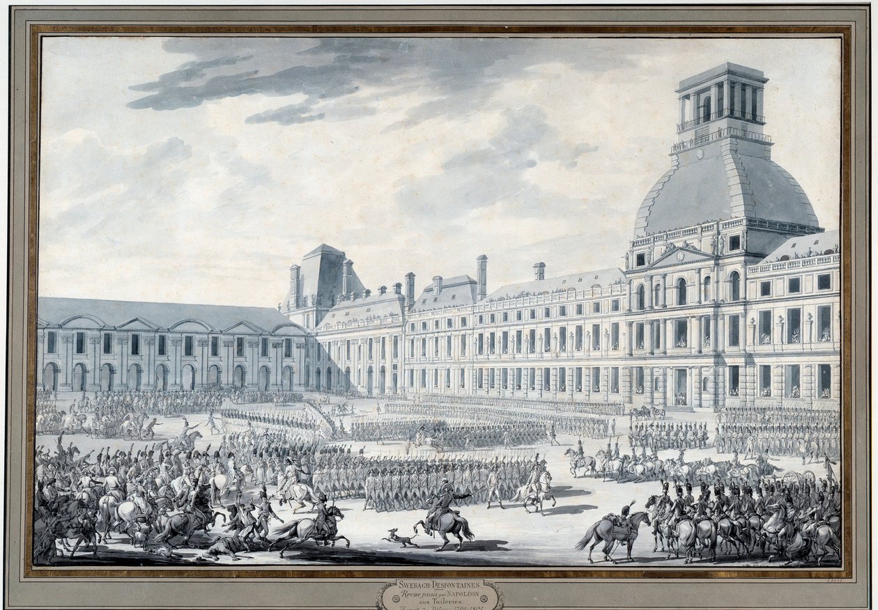 Revue des troupes av Napoleon Bonaparte (1769-1821) ved Tuileriene Gravering av Jacques Swebach dit Fontaine (1769-1823) Paris fra 1800-tallet, Musee Carnavalet av Jacques Francois Joseph Swebach