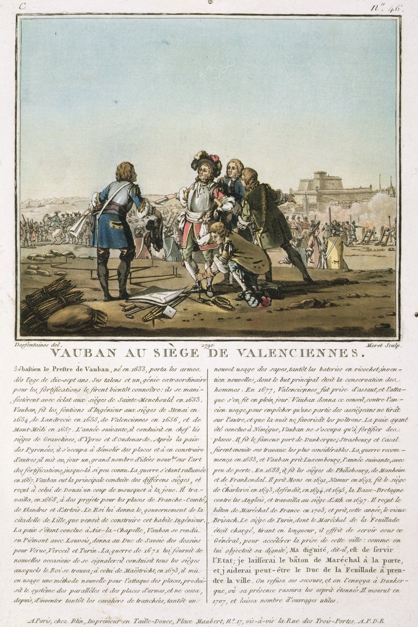 Sebastien le Prestre de Vauban (1633-1707) ved beleiringen av Valenciennes (1677), gravert av Jean Baptiste Morret (fl.1790-1820), 1790 (farget litho) av Jacques Francois Joseph Swebach