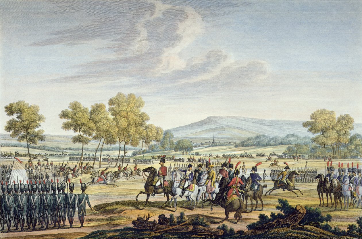 Den keiserlige garde manøvrerer i nærvær av de to keiserne ved Tilsit, 28. juni 1807, gravert av Edme Bovinet (1767-1832) (akvatint) av Jacques Francois Joseph Swebach