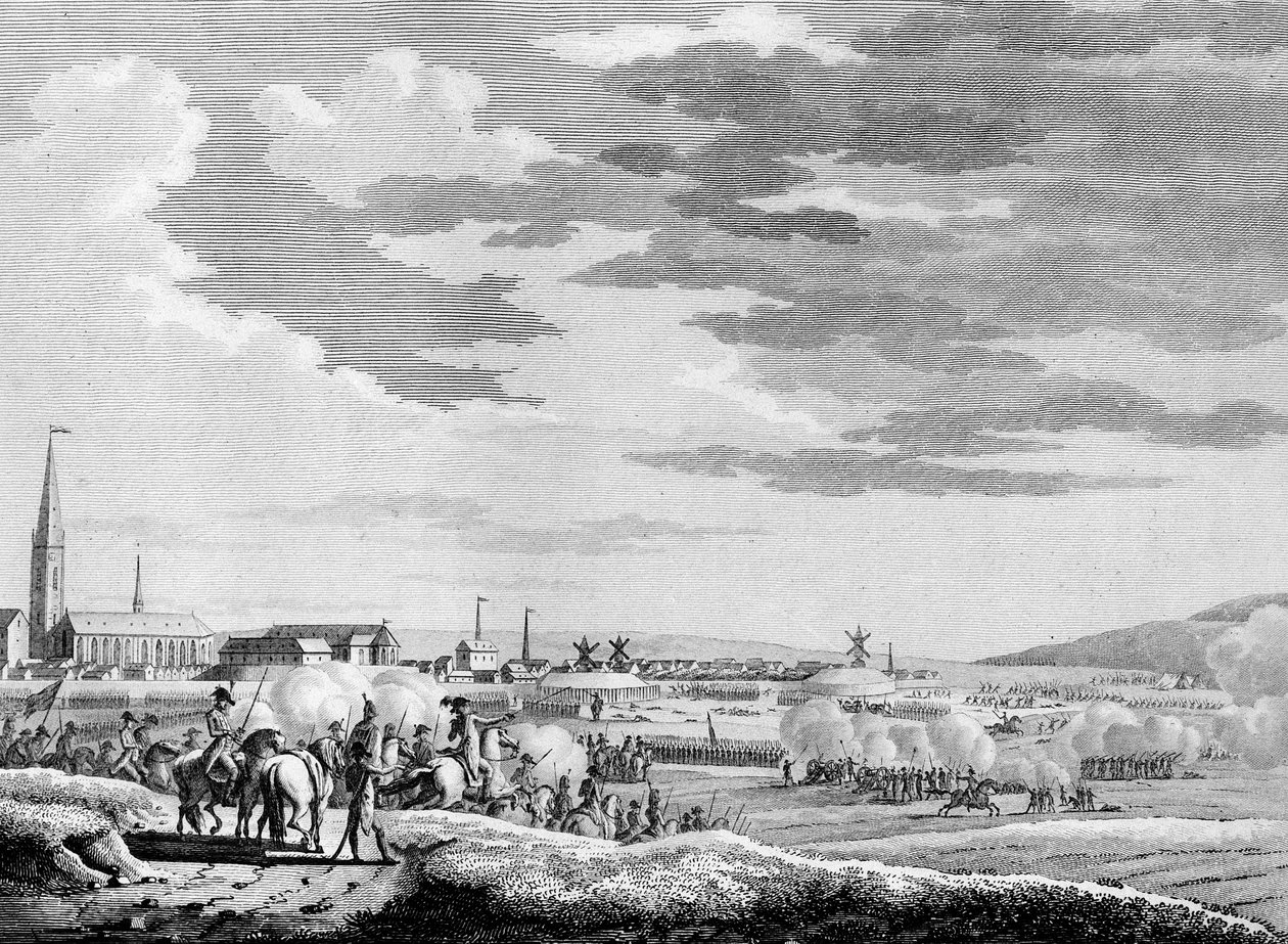 Den franske revolusjonskrig og antirevolusjonære bevegelser: Fransk seier i slaget ved Hondschoote nær Dunkerque mot de britiske og østerrikske antirevolusjonære troppene i 1793. Gravering av Berthaut etter Swebach. Paris, instituttets bibliotek av Jacques Francois Joseph Swebach