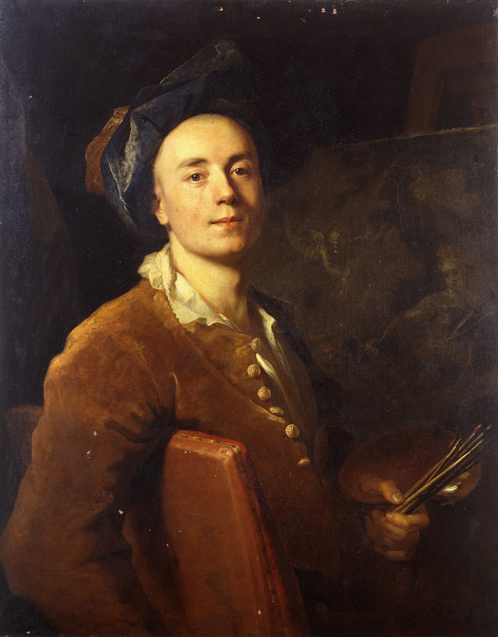 Portrett av kunstneren, sittende i halv lengde, med en palett og børster, ca. 1710-15 av Jacques François Delyen