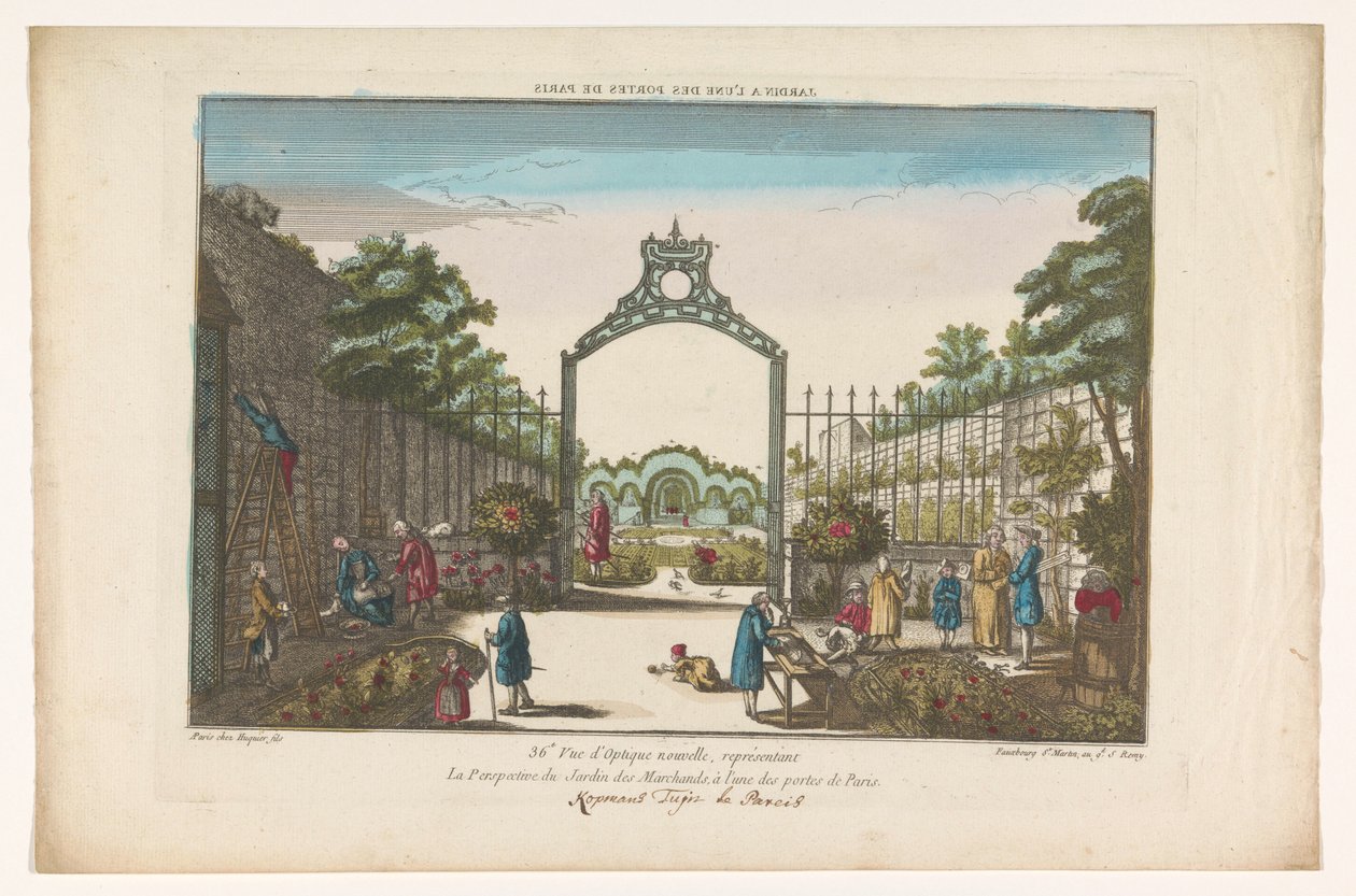 Utsikt over Jardin des Marchands i Paris Hage ved en av portene til Paris (tittel på objekt) av Jacques Gabriel Huquier