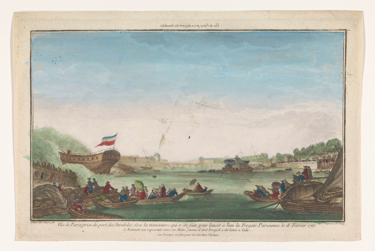 Utsikt over Port des Invalides i Paris med Paris-fregattens bortgang 18. februar 1761 Vüe ​​​​de Paris prize du Port des Invalides (tittel på objekt) av Jacques Gabriel Huquier
