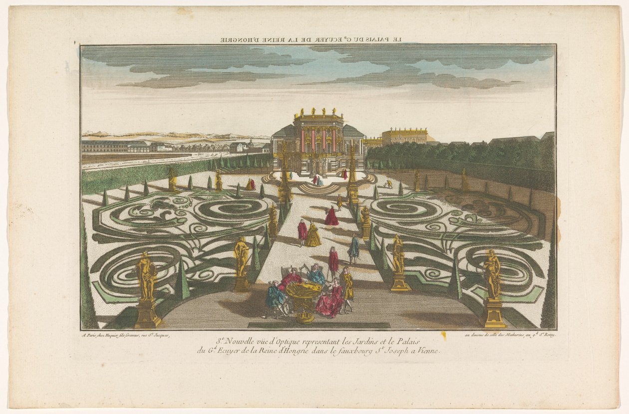 Utsikt over hagen og palasset til en offiser av dronningen av Ungarn i en forstad til Wien Le palais du gd ecuyer de la reine d