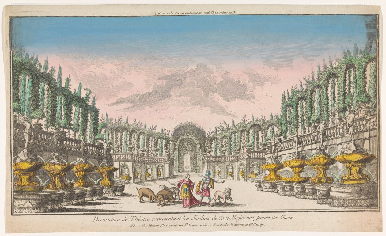 Utsikt over Circe .s hage Decoration de théatre, representativ les jardins de Circe (tittel på objekt) av Jacques Gabriel Huquier
