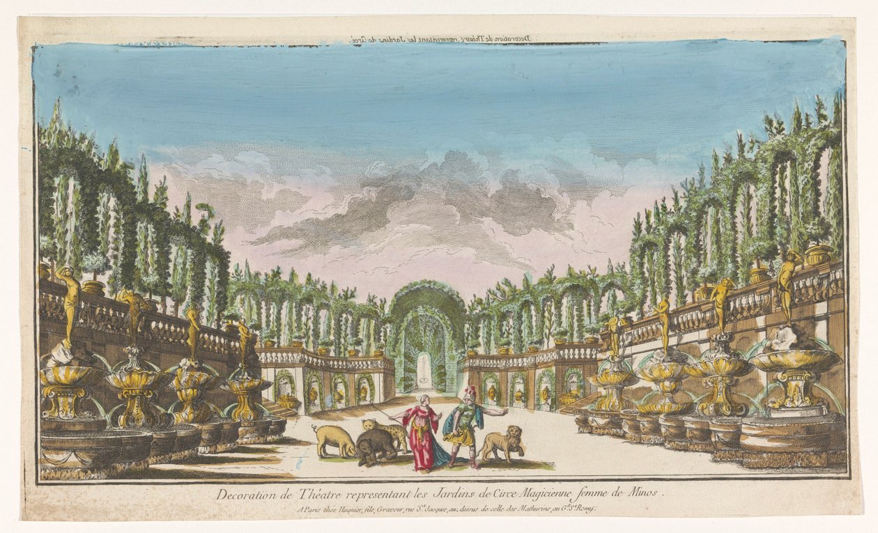 Utsikt over hagen til Circe Decoration de théatre, representant les jardins de Circe (tittel på objekt) av Jacques Gabriel Huquier