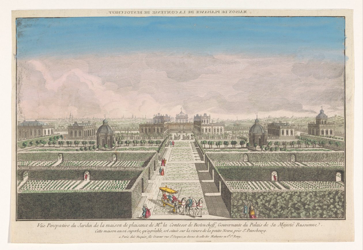Utsikt over hagen til grevinnen av Bestoucheffs landsted nær byen St. Petersburg Maison de plaisance de la comtesse de Bestoucheff (tittel på objekt) av Jacques Gabriel Huquier