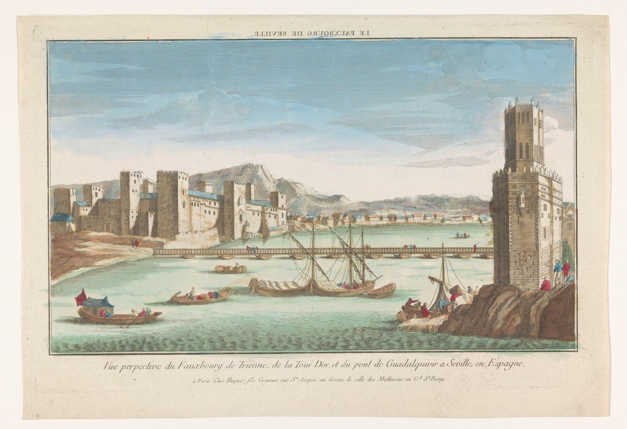 Utsikt over Triana-distriktet, en bro over elven Guadalquivir og Torre del Oro i Sevilla Le fauxbourg de Seville (tittel på objekt) av Jacques Gabriel Huquier