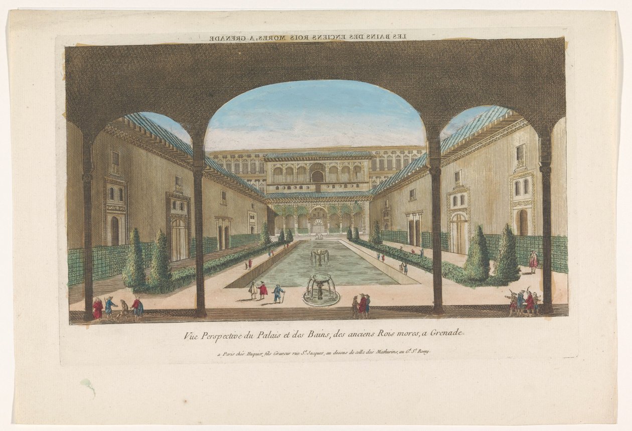 Utsikt over en gårdsplass med fontener av Alhambra i Granada Les bains des enciens rois Mores, en granat (tittel på objekt) av Jacques Gabriel Huquier