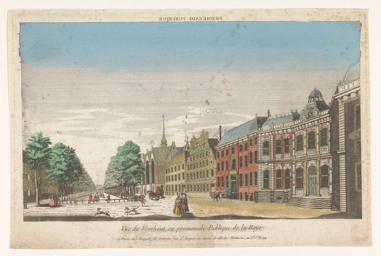 Utsikt over Lange Voorhout i Haag Promenade publique (tittel på objekt) av Jacques Gabriel Huquier