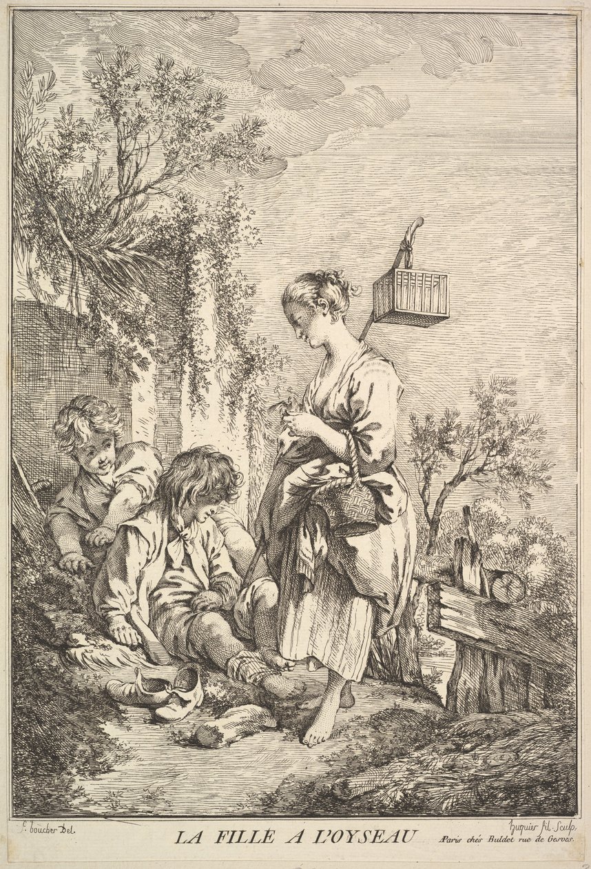 Girl with a Bird, midten til slutten av 1700-tallet. av Jacques Gabriel Huquier