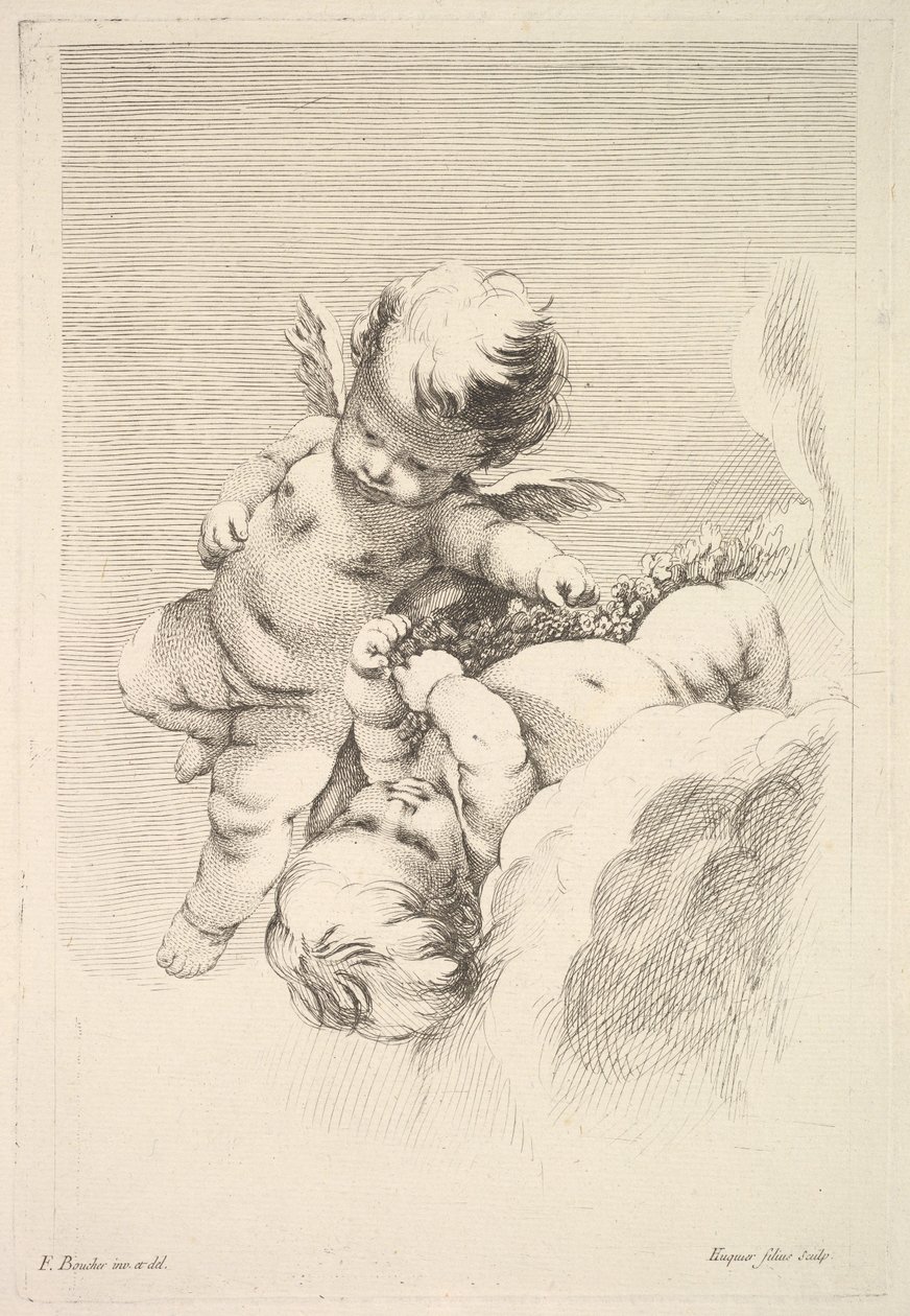 Two Cupids, One Holding a Wreath, midten til slutten av 1700-tallet. av Jacques Gabriel Huquier