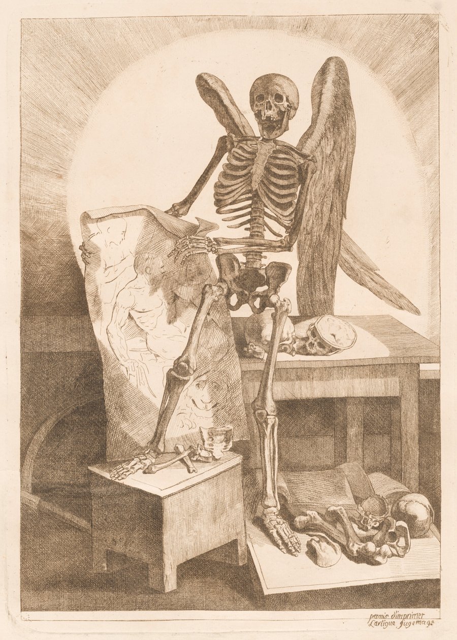 Et bevinget skjelett som holder en anatomisk tegning av Jacques Gamelin