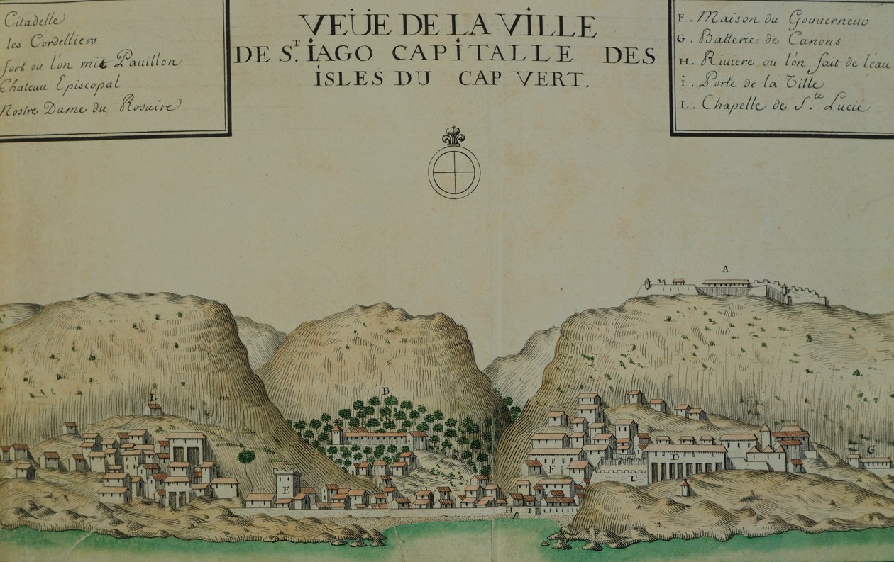 Byen Saint Jago (Santiago) på Kapp Verde, akvarell fra loggboken holdt av Jacques Gouin de Beauchesne, skipskaptein i Sørishavet fra 1698 til 1701. av Jacques Gouin de Beauchesne