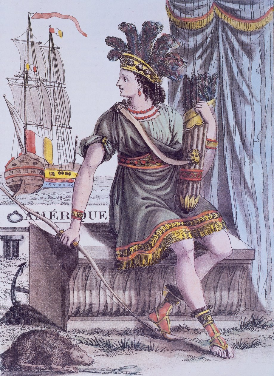 Tittelside fra, Encyclopedia of Voyages av Jacques Grasset de Saint-Sauveur, som skildrer en allegori om Amerika av Jacques Grasset de Saint Sauveur