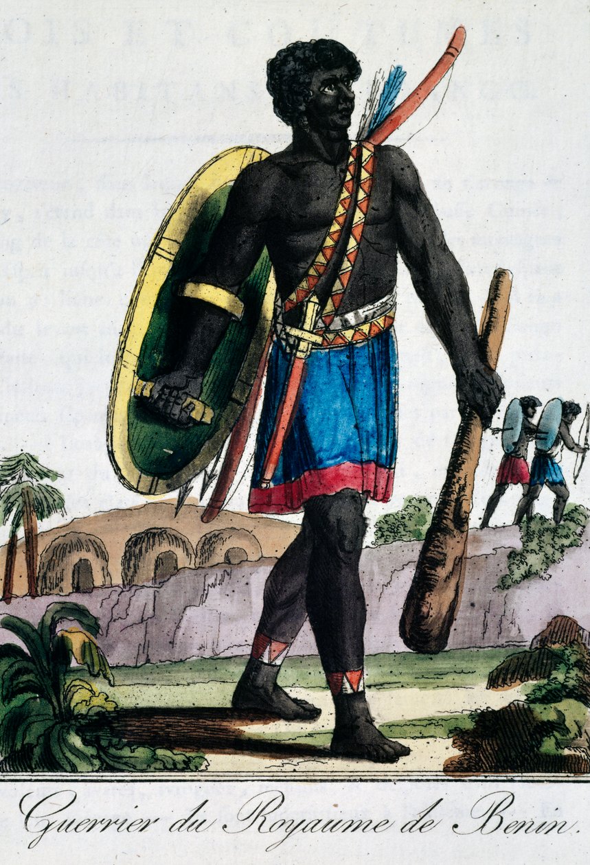 Kriger fra Benin Afrika, gravering fra Travelling encyclopaedia av Jacques Grasset de Saint Sauveur