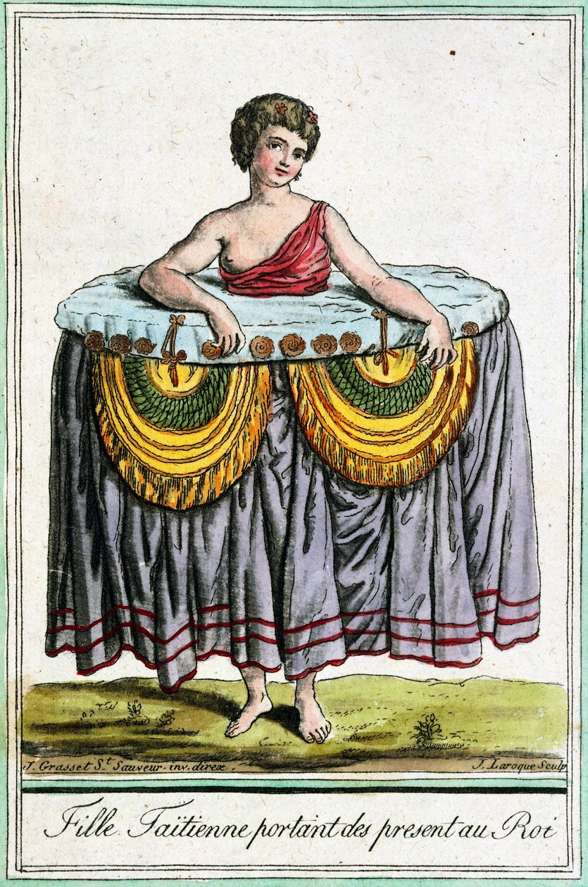 Ung kvinne tilbyr gaver til kongen, Tahiti, Society Islands, gravering fra Encyclopedia of voyages, av Jacques Grasset de Saint-Sauveur (1757-1810) av Jacques Grasset de Saint Sauveur