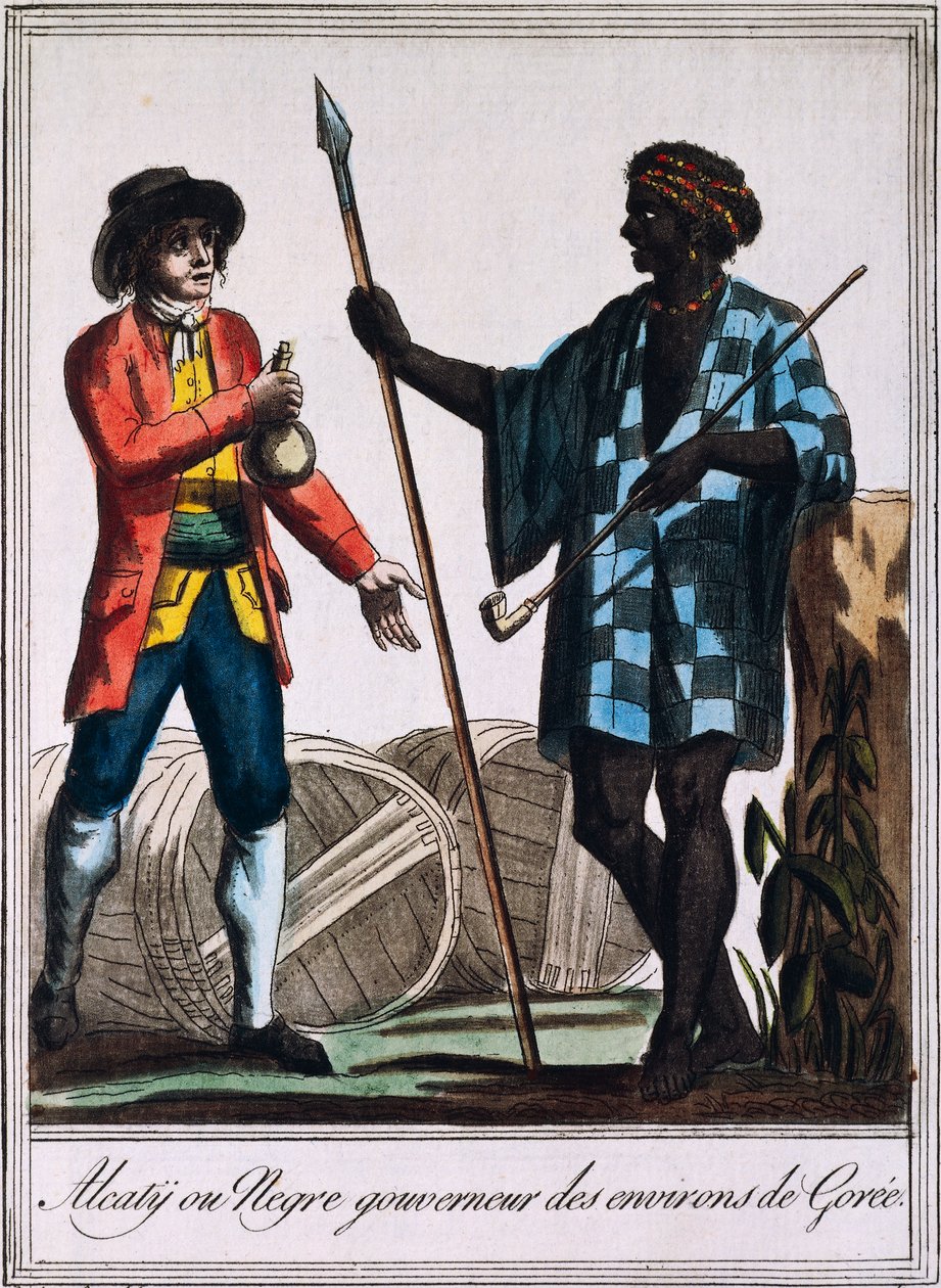 Alcaty, stammesjef i Goree, Senegal, gravering fra en tegning av Labrousse (aktiv 1796), fra Encyclopedie des Voyages, av Jacques Grasset de Saint-Sauveur (1757-1810) av Jacques Grasset de Saint Sauveur