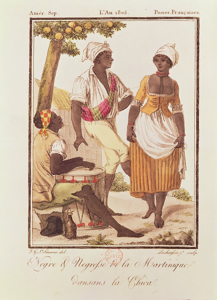 Svart mann og kvinne fra Martinique Dancing 'la Chica', gravert av Lachuassee, 1805 av Jacques Grasset de Saint Sauveur