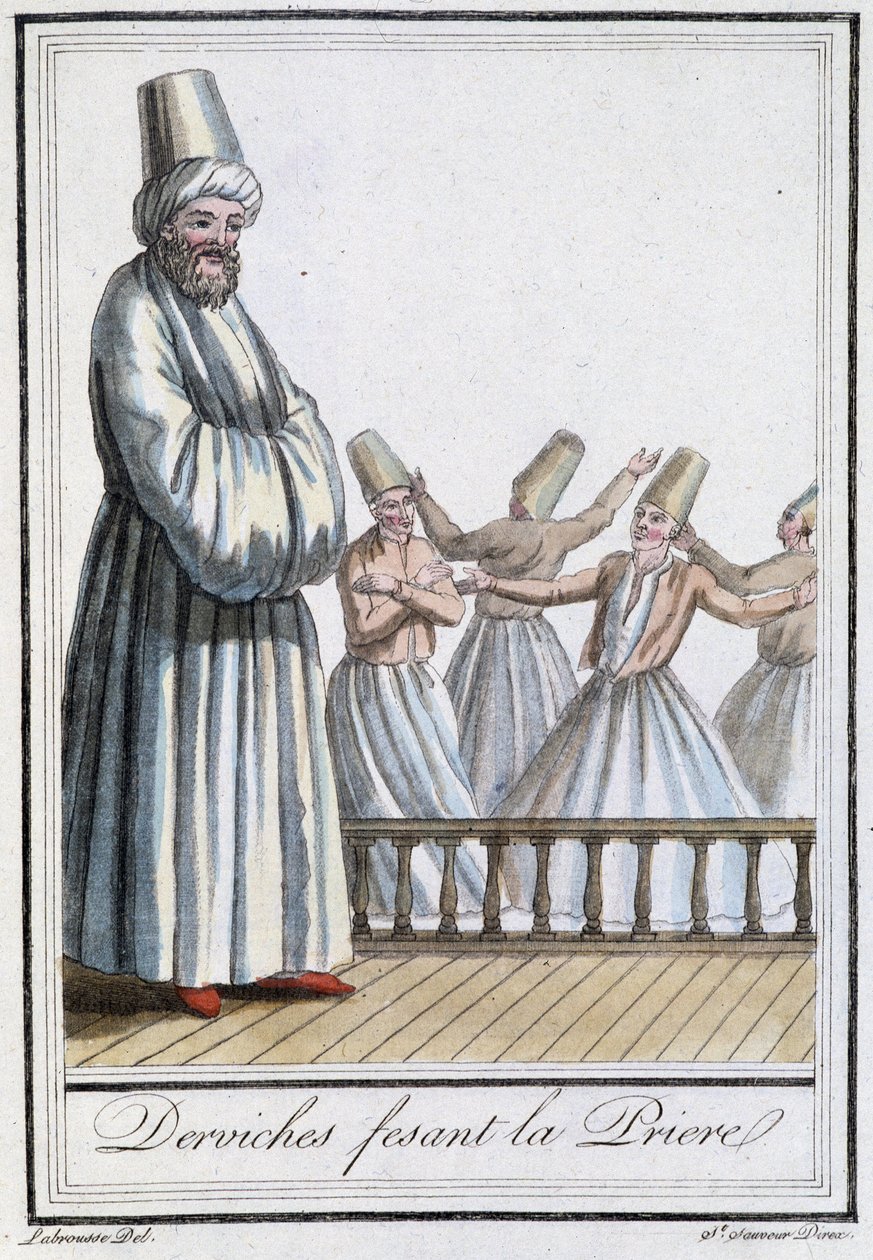 Dervisjer som ber (Whirling Dervishes) - i "" Encyclopédie des voyages"" av Grasset Saint Sauveur, red. Paris 1796 av Jacques Grasset de Saint Sauveur