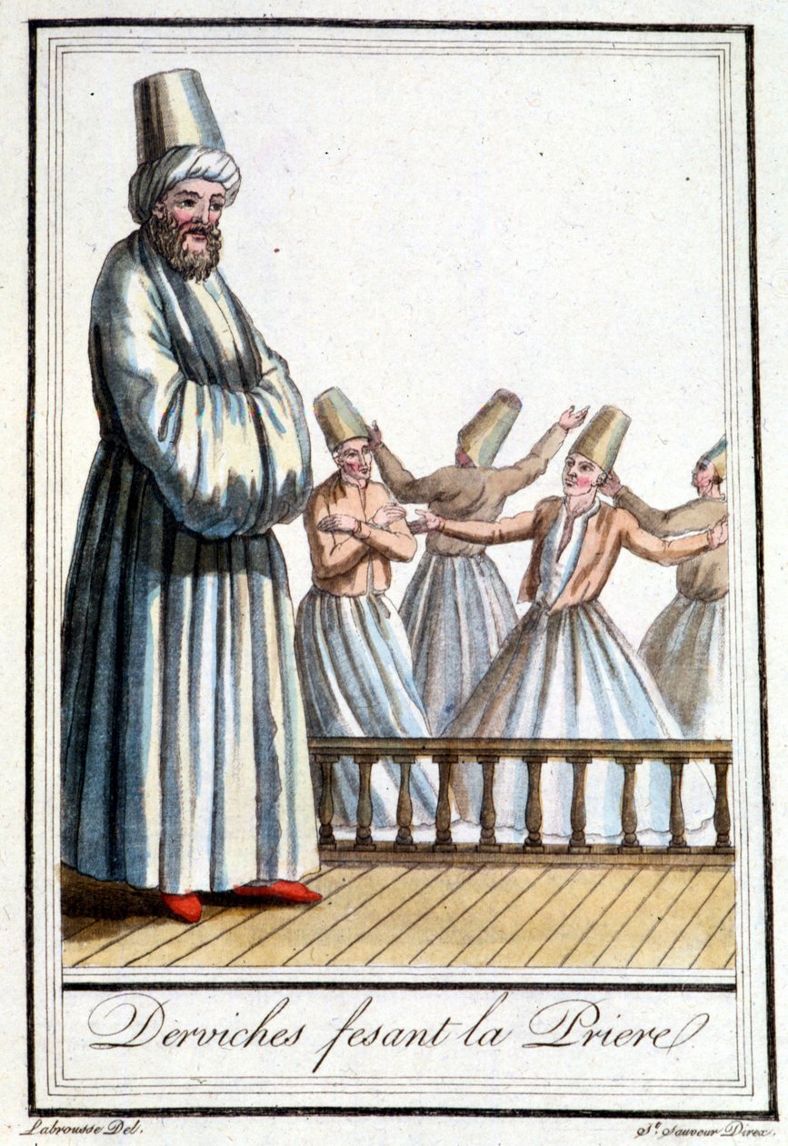 Dervisjer som ber (Whirling Dervishes) - i "" Encyclopédie des voyages"" av Grasset Saint Sauveur, red. Paris 1796 av Jacques Grasset de Saint Sauveur