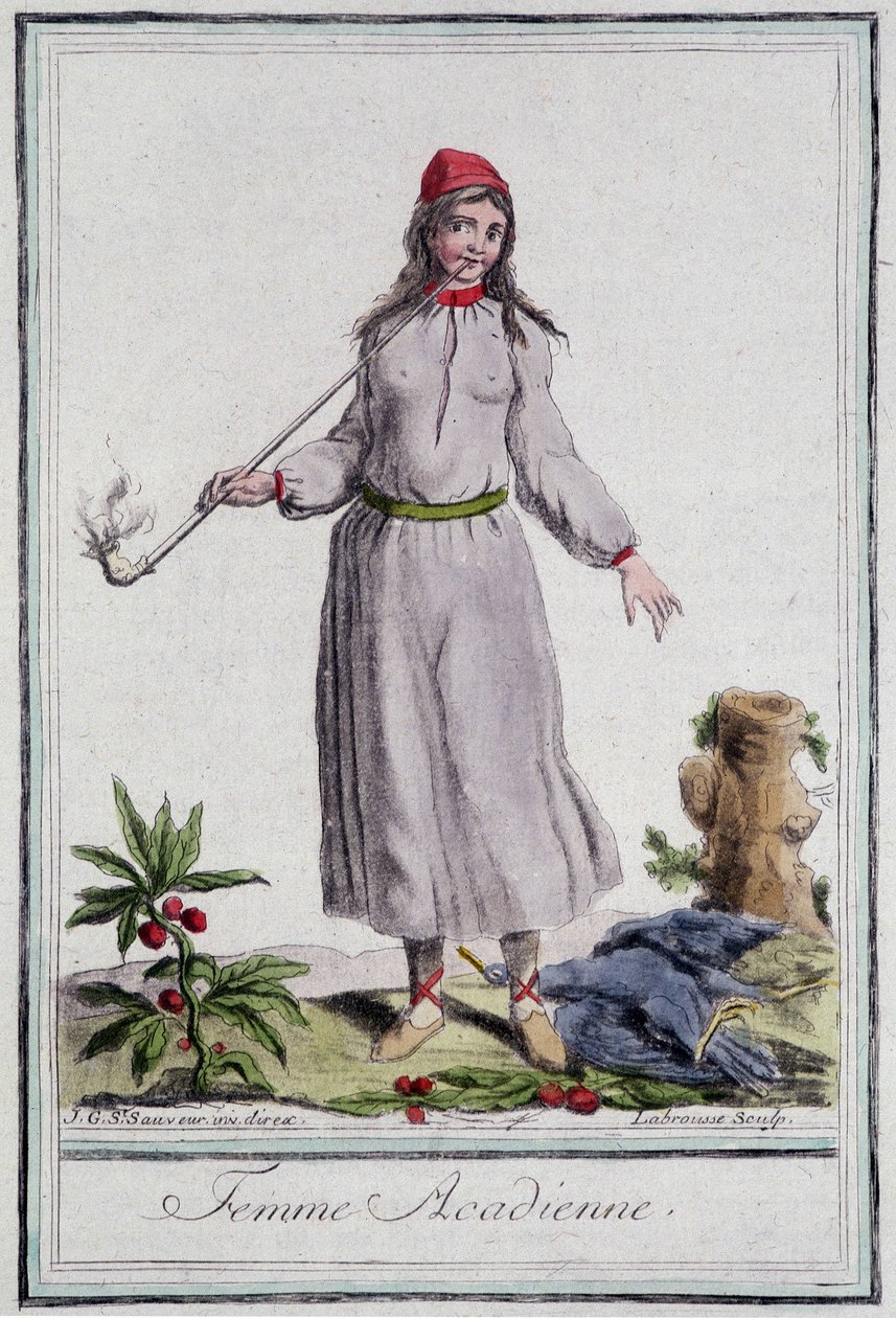 Acadian woman - i "" Encyclopedia of travels"" av Grasset St Sauveur, red. 1796 av Jacques Grasset de Saint Sauveur