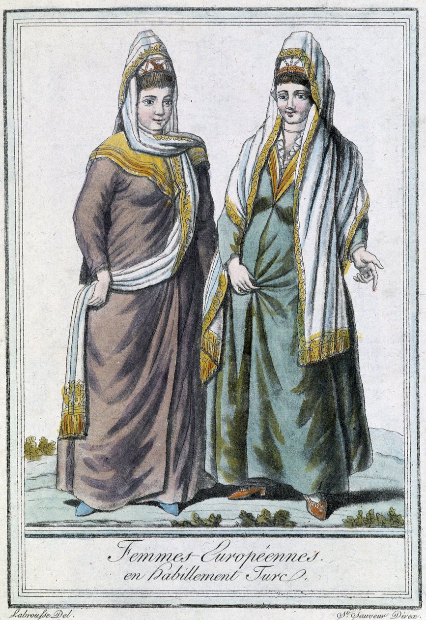 Europeiske kvinner i tyrkisk antrekk - i "" Encyclopédie des voyages"" av Grasset Saint Sauveur, red. Paris 1796 av Jacques Grasset de Saint Sauveur