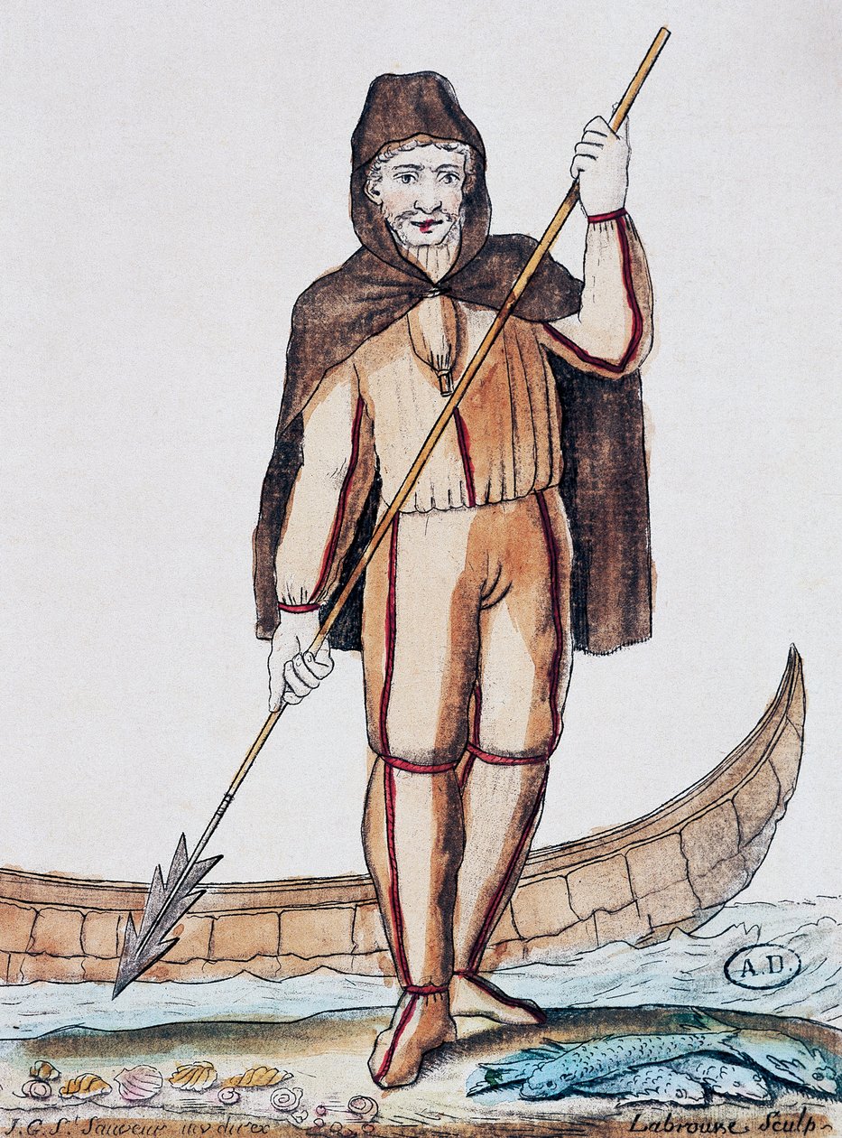Fiskekostyme, fargegravering fra tegning av Labrousse (aktiv 1796), fra Encyclopedie des Voyages, av Jacques Grasset de Saint-Sauveur (1757-1810) av Jacques Grasset de Saint Sauveur