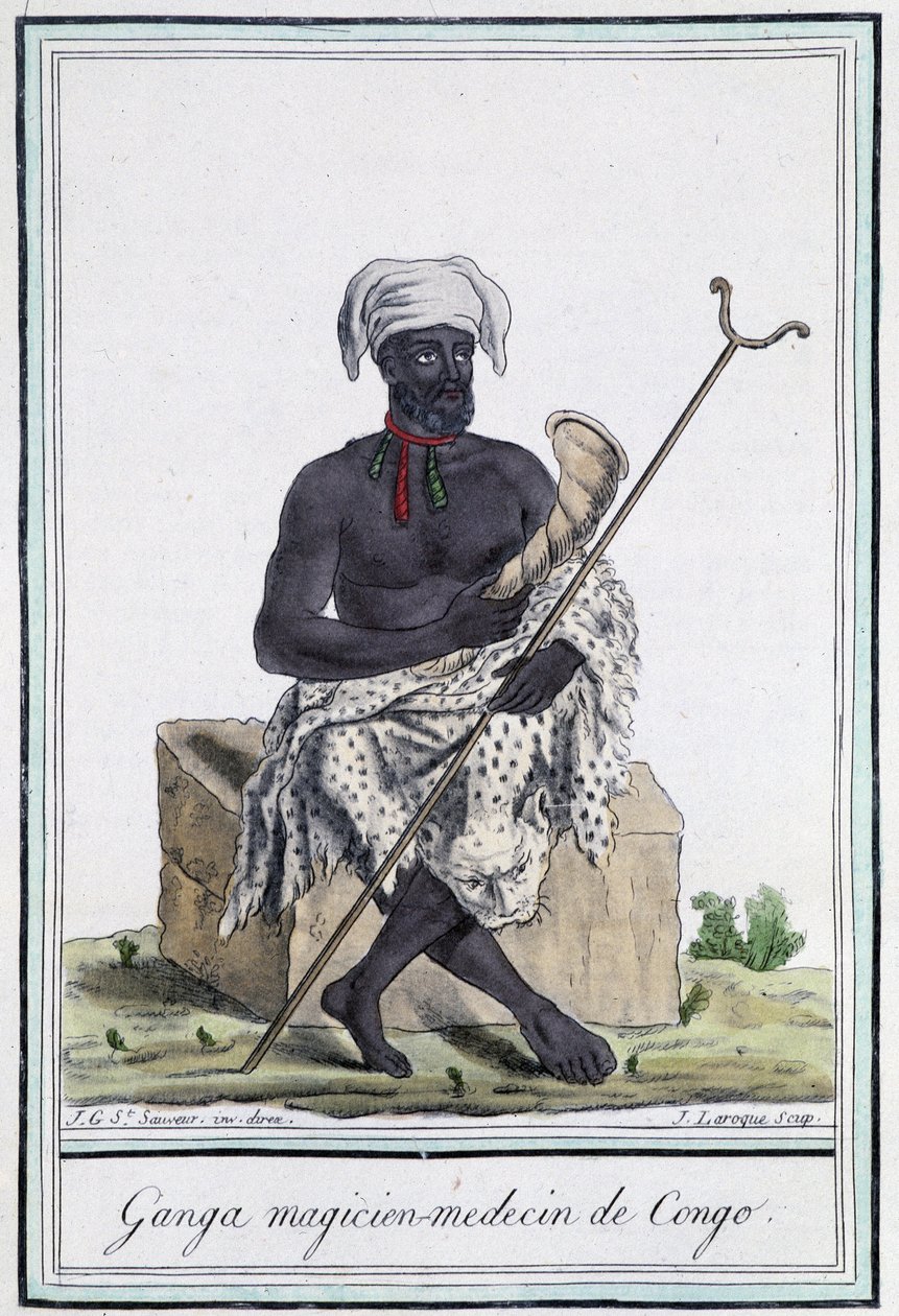 Ganga, tryllekunstner fra Kongo - i "" Encyclopedia of travels"" av Grasset Saint Sauveur, red. Paris 1796 av Jacques Grasset de Saint Sauveur