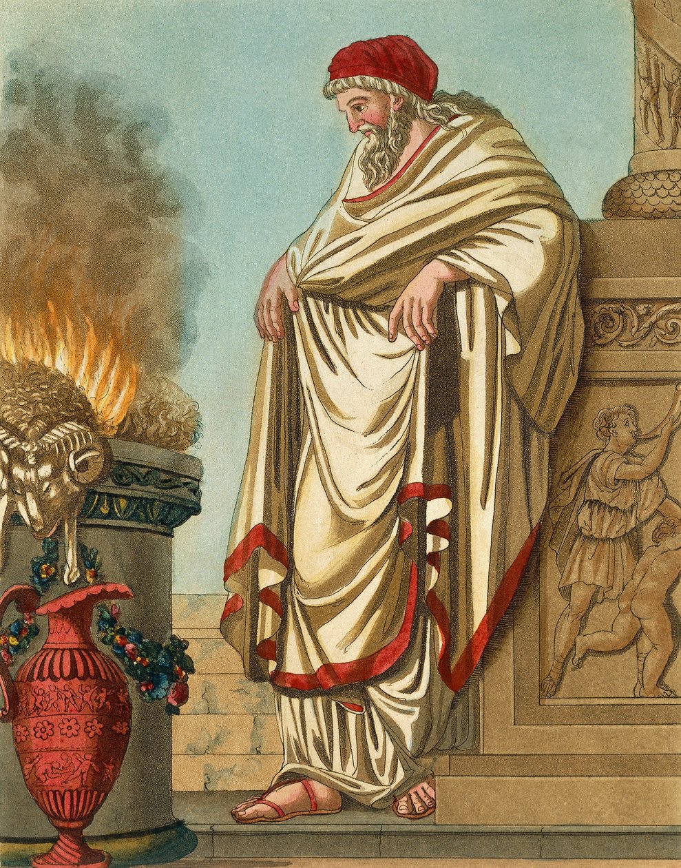 Grand Pontiff, av Jacques Grasset de Saint-Sauveur (1757-1810), gravering fra det gamle Roma, eller historisk og billedlig beskrivelse av alt relatert til romerske folk, deres militære, skikker, religiøse og offentlige liv av Jacques Grasset de Saint Sauveur