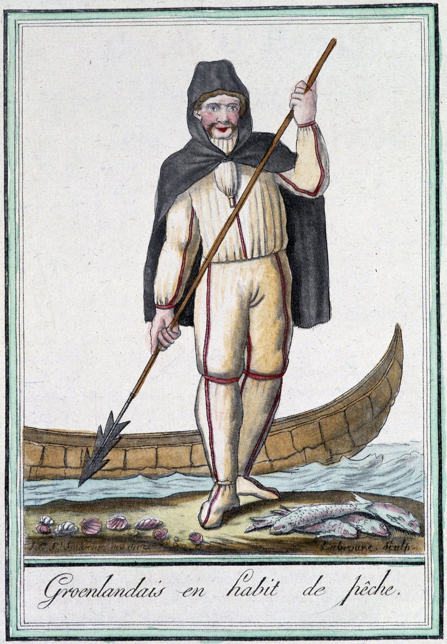 Grønlendere i fiskeredskap - i "" Encyclopédie des voyages"" av Grasset Saint Sauveur, red. Paris 1796 av Jacques Grasset de Saint Sauveur