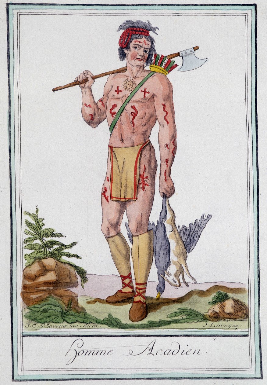 Acadian man - i "" Encyclopedia of travels"" av Grasset St Sauveur, red. 1796 av Jacques Grasset de Saint Sauveur