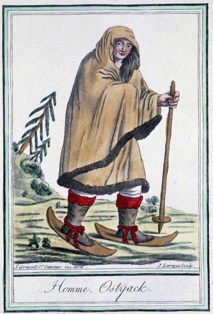 Ostyack mann på ski - i "" Encyclopédie des voyages"" av Grasset Saint Sauveur, red. Paris 1796 av Jacques Grasset de Saint Sauveur