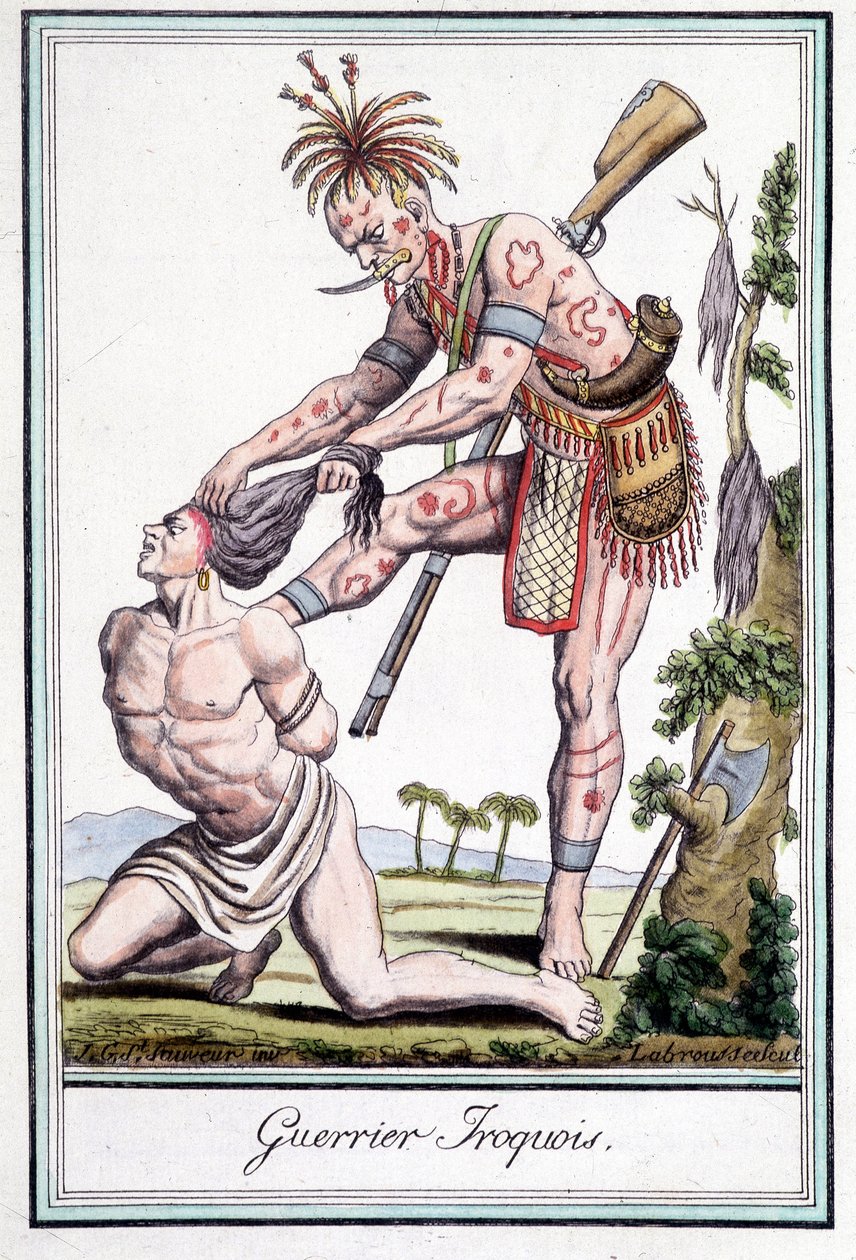 Iroquois-kriger skalperer fienden sin - i "" Encyclopedia of travels"" av Grasset St Sauveur, Paris av Jacques Grasset de Saint Sauveur