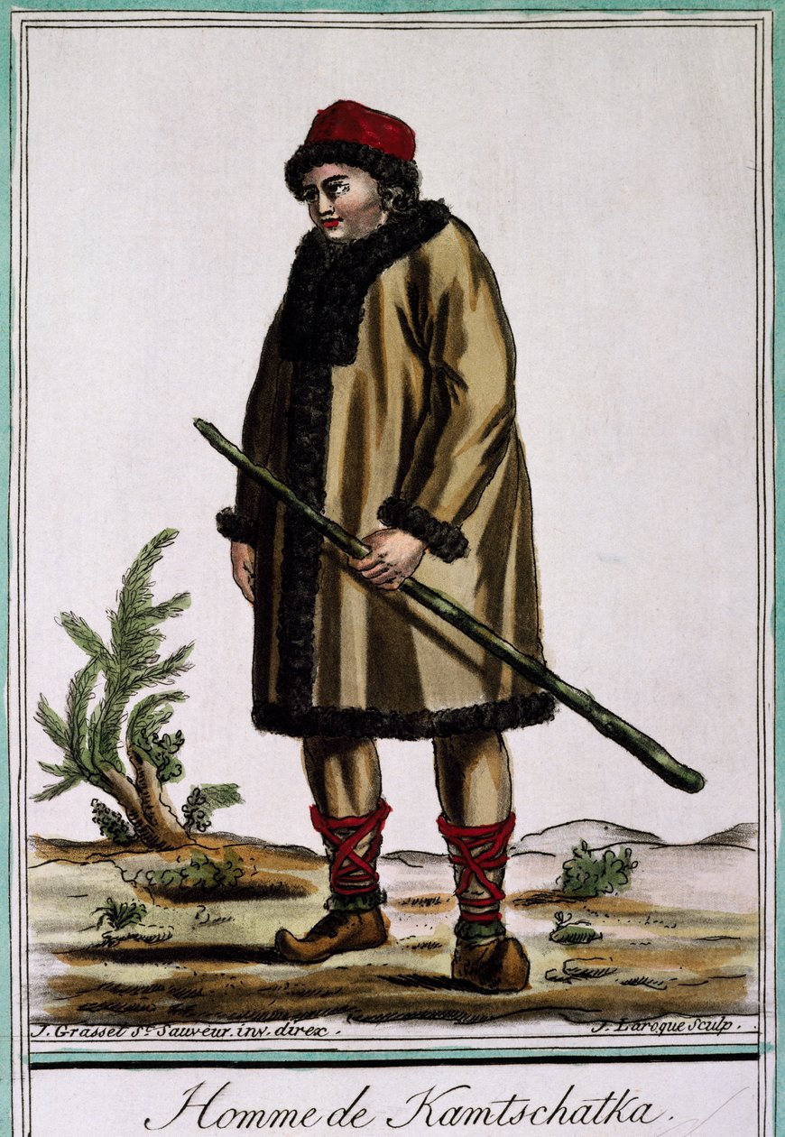 Kamchatka-mann, fargegravering av Laroque, Russland av Jacques Grasset de Saint Sauveur