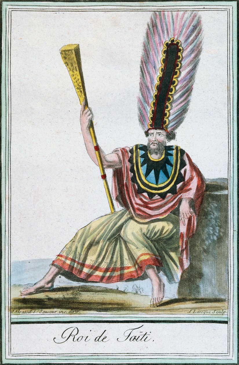 King of Tahiti, Society Islands, fargegravering fra tegning av Labrousse (aktiv 1796) fra Encyclopedie des Voyages av Jacques Grasset de Saint-Sauveur (1757-1810) av Jacques Grasset de Saint Sauveur