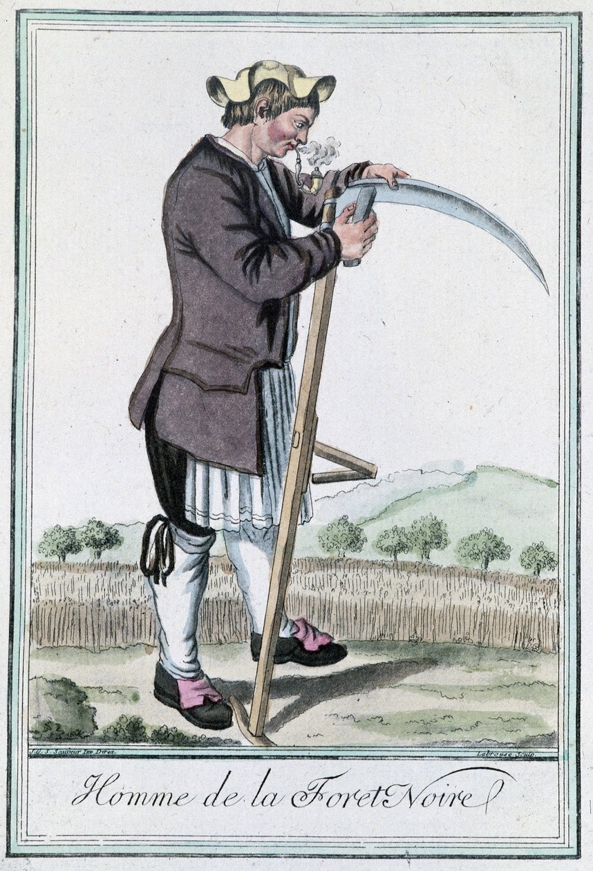 Man of the Black Forest, skjerper sin falske for innhøstingen - i"" Encyclopedia of Voyages""" av Grasset St Sauveur, red. Deroy, Paris av Jacques Grasset de Saint Sauveur