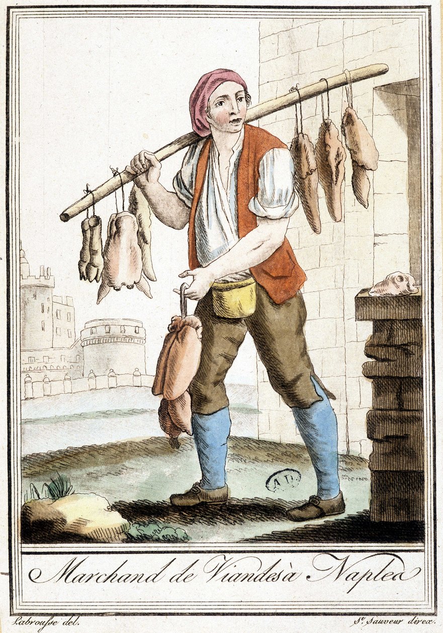 Kjøtthandler i Napoli - i "" Encyclopedia of travels"" av Grasset St Sauveur, Paris av Jacques Grasset de Saint Sauveur