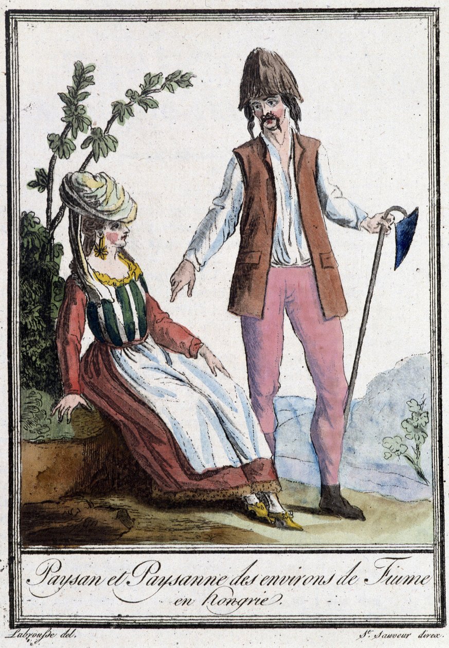 Peasant and Peasant of Fiume (Kroatia) - i "" Encyclopedia of Travels"" av Grasset St Sauveur, red. 1796 (gravering) av Jacques Grasset de Saint Sauveur