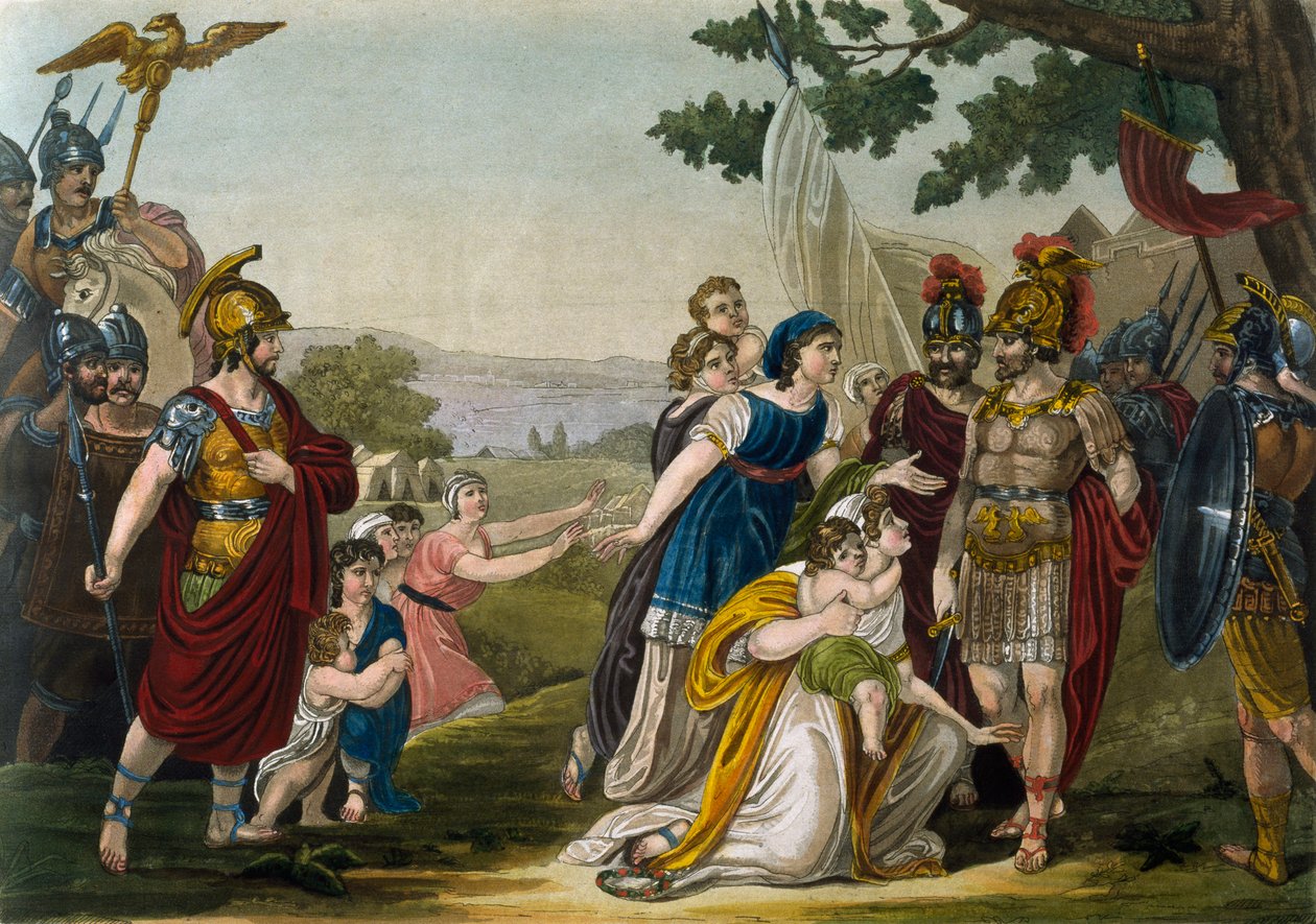 Voldtekt av sabinske kvinner, av Jacques Grasset de Saint-Sauveur (1757-1810), gravering fra det gamle Roma, eller historisk og billedlig beskrivelse av alt relatert til romerske folk, deres militære, skikker, religiøse og offentlige liv av Jacques Grasset de Saint Sauveur