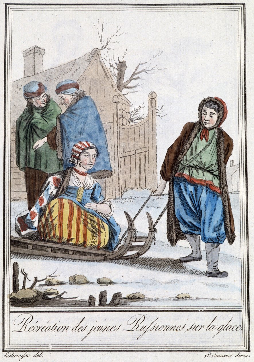 Rekreasjon av unge russere på ake (russere) - i "" Encyclopedia of Travels"" av Grasset Saint Sauveur, red. Paris 1796 av Jacques Grasset de Saint Sauveur