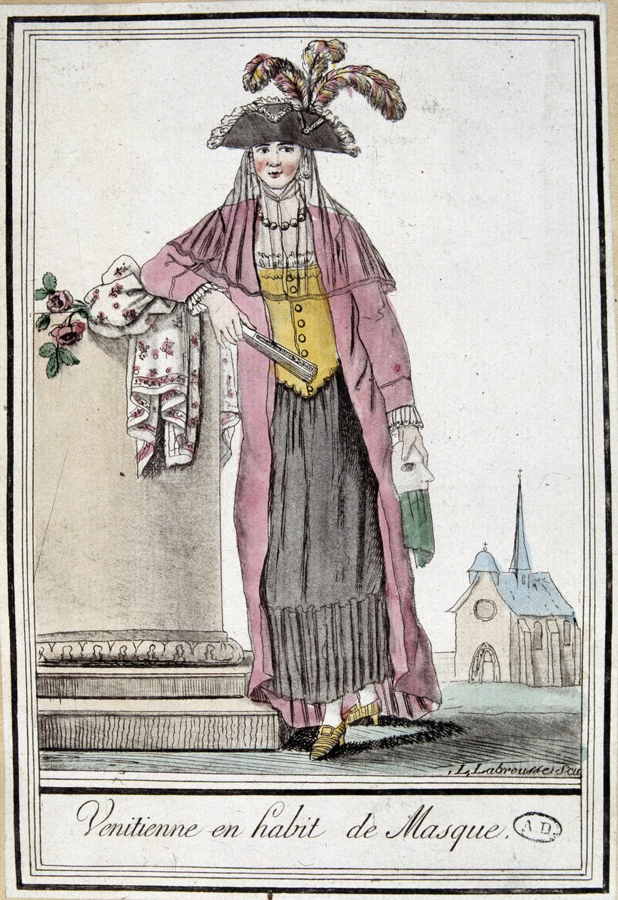 Venetiansk kvinne i maske - i "" Encyclopedia of travels"" av Grasset Saint Sauveur, red. Paris 1796 av Jacques Grasset de Saint Sauveur