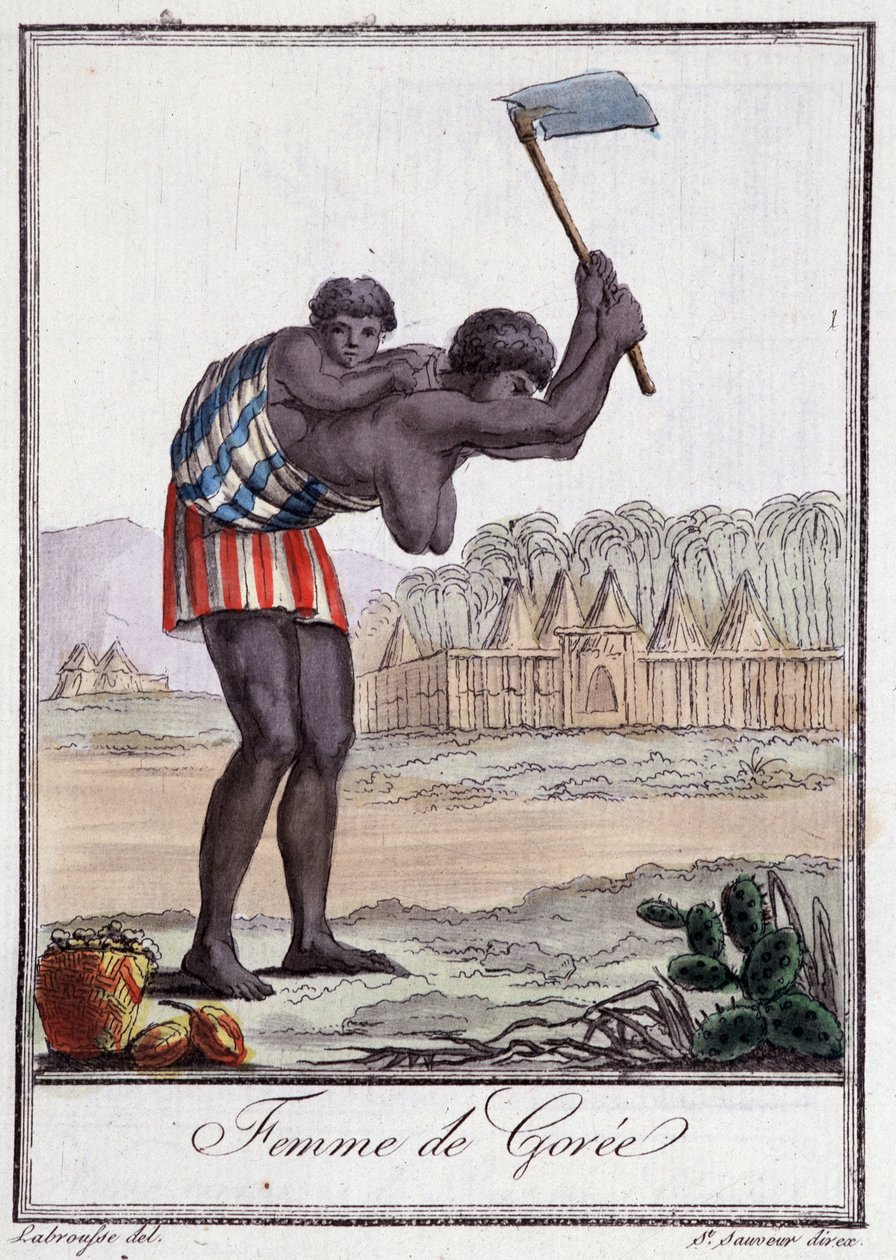 Woman of Goree som slår jorden - i "Encyclopedie of travels"" av Grasset St Sauveur, red. Deroy, Paris av Jacques Grasset de Saint Sauveur