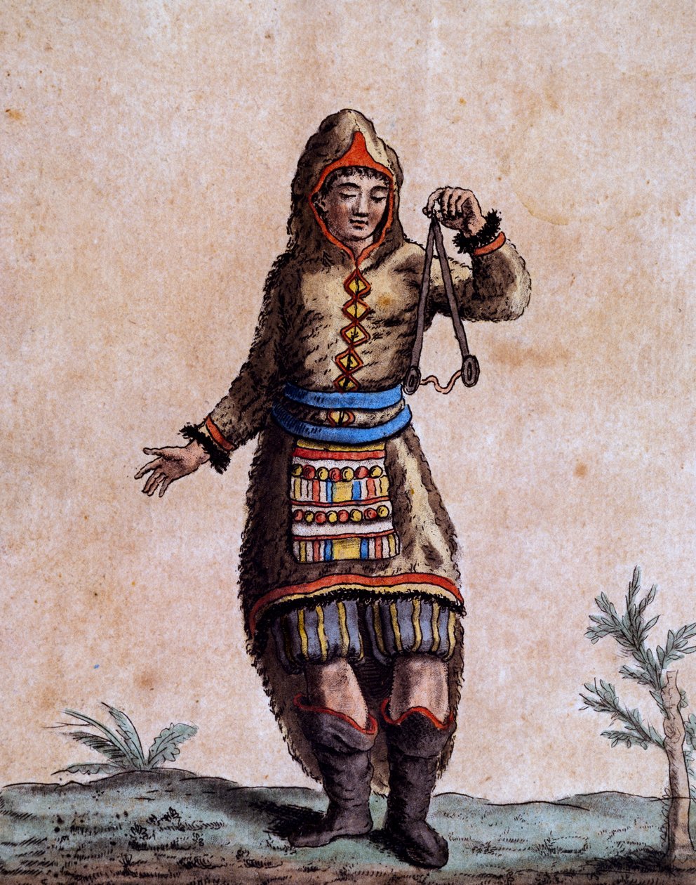 Woman of Hudson Bay i tradisjonell drakt, fargegravering av Laroque, fra Encyclopedia of voyages, av Jacques Grasset de Saint-Sauveur (1757-1810) av Jacques Grasset de Saint Sauveur