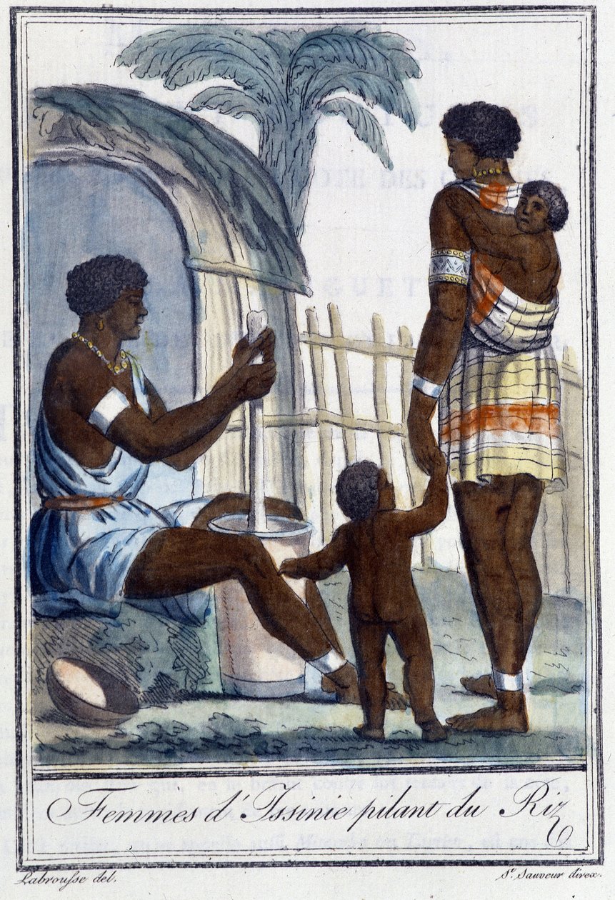 Kvinner fra Issinie banker på risen - i "" Encyclopedia of Travels"" av Grasset St Sauveur, red. 1796 av Jacques Grasset de Saint Sauveur
