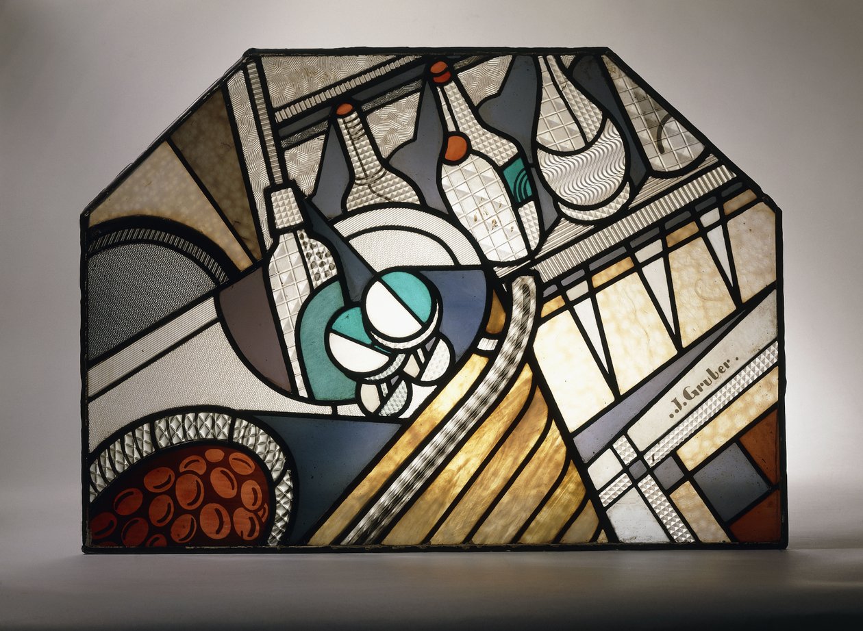 Et farget glasspanel i art deco-stil som viser en cocktailbar (blyfarget glass) av Jacques Gruber