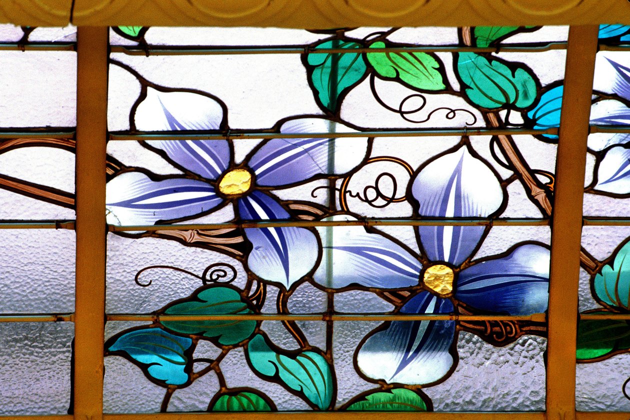 Nancy (avdeling 54), jugendstil, "" La verriere aux Clematites"" (1901) - detalj, Glassmaleri av Jacques Gruber (1870-1936), på Credit Lyonnais, rue St Georges av Jacques Gruber