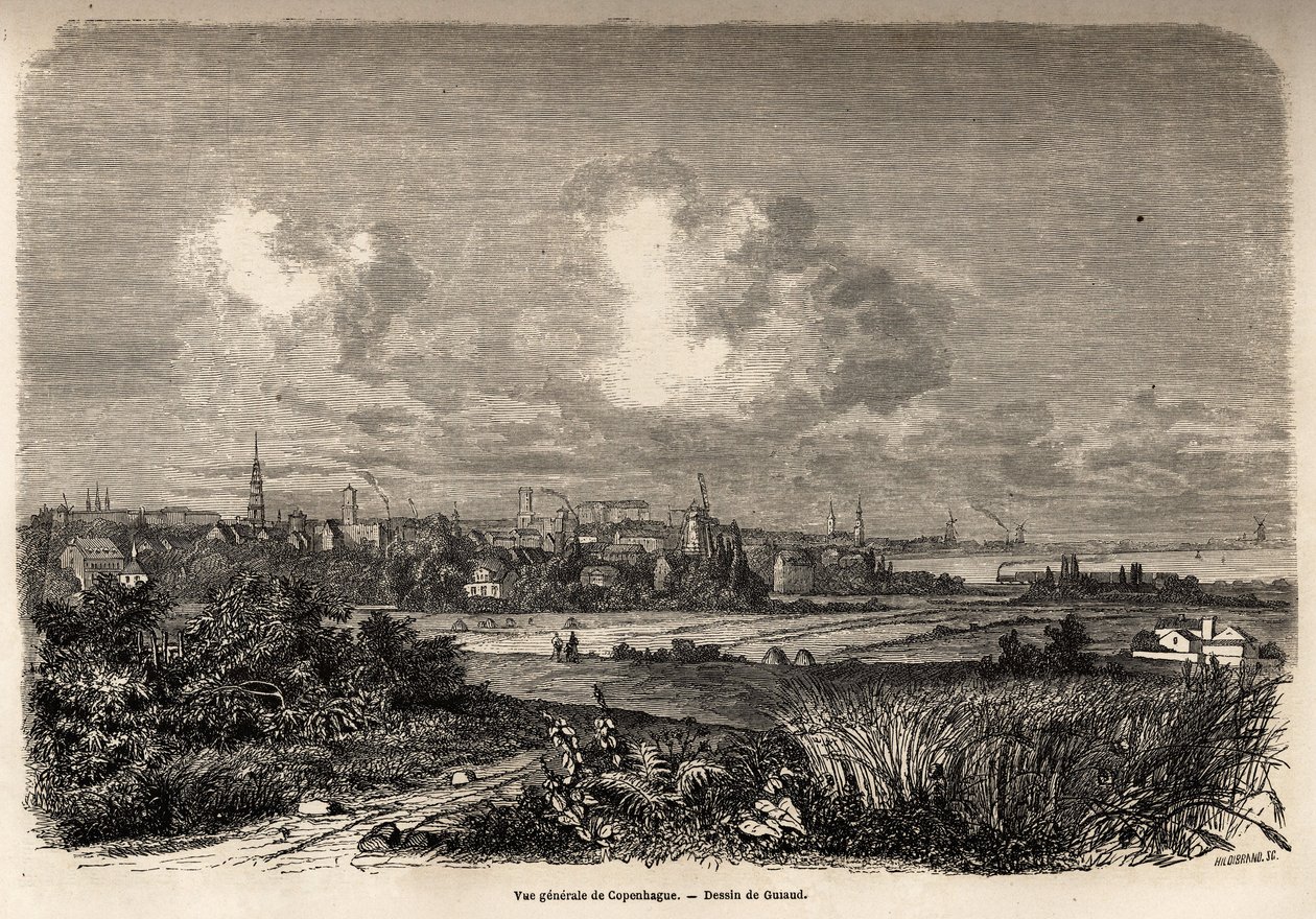 Generelt bilde av København, tegning av Jacques Guiaud (1810-1876), for å illustrere J.M.Dargauds reise til Danmark (1800-1860), i 1860. Gravering i "" Le tour du monde", redigert av Edouard Charton av Jacques Guiaud